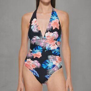 DKNY Womens Floral Halter One-Piece Swimsuit Size XL Black Pink Tropical Beach